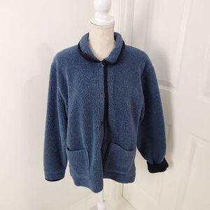 LL Bean Jacket Womens XL Blue Teddy Fleece Vintage Button Up Shacket Ranch Cabin
